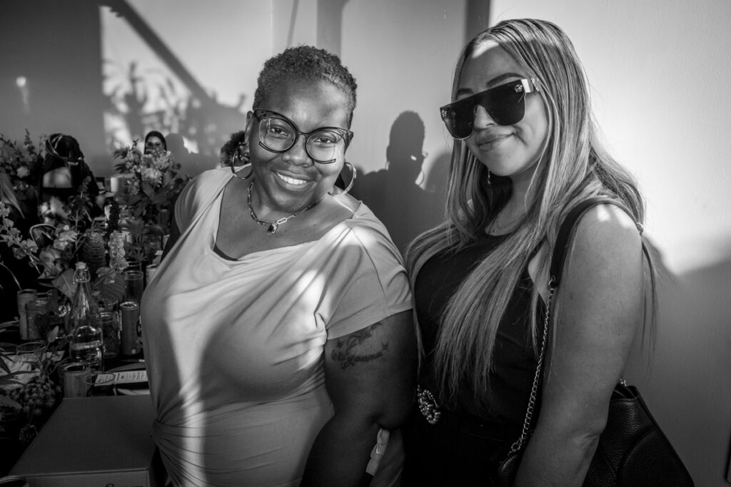 Ayanna Lawson (Front Row Travels) and Barbara Sanchez attend Natural High Company's inaugural Juneteenth Emancipation Edition of the “Plates and Plants" dinner series honoring Black Changemakers in Cannabis, Hollywood, June 17th, 2022.