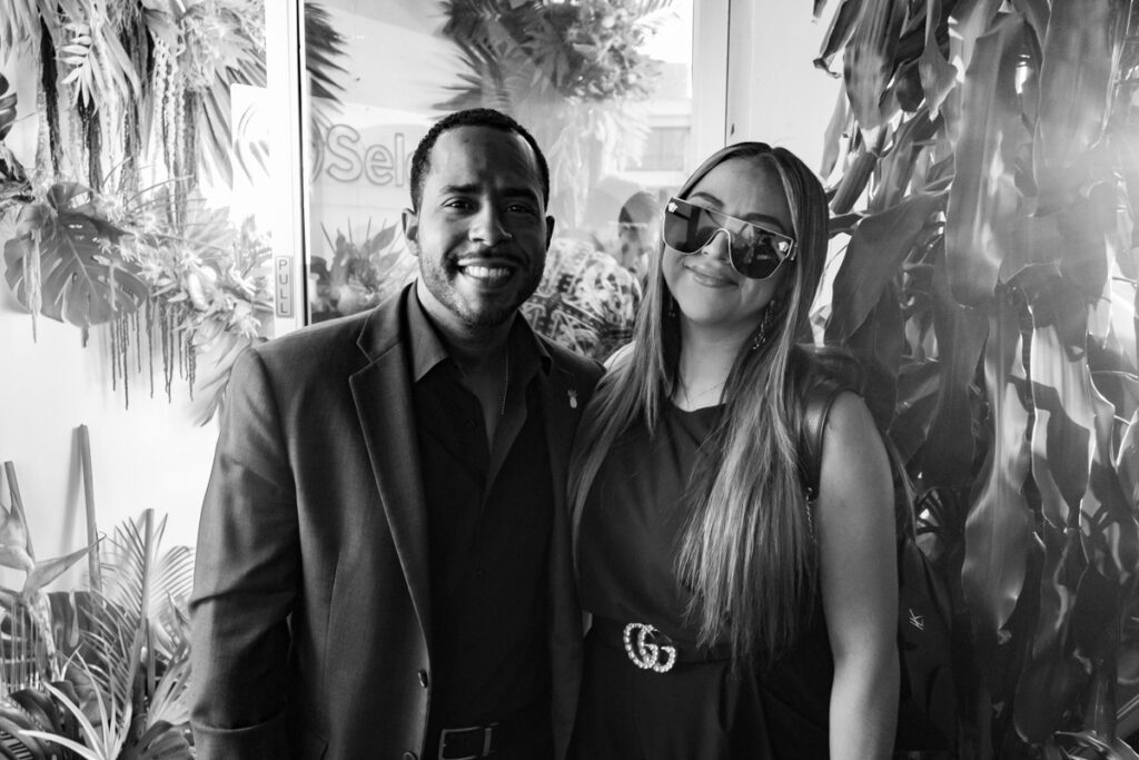 Shawn Credle and Barbara Sanchez attend Natural High Company's inaugural Juneteenth Emancipation Edition of the “Plates and Plants" dinner series honoring Black Changemakers in Cannabis, Hollywood, June 17th, 2022.