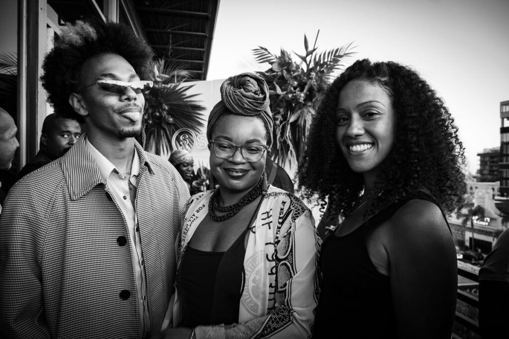 Jordan Rock, Shonitria Anthony (Bluntblowinmama) and Shanel Lindsay attend Natural High Company's inaugural Juneteenth Emancipation Edition of the “Plates and Plants" dinner series honoring Black Changemakers in Cannabis, Hollywood, June 17th, 2022.